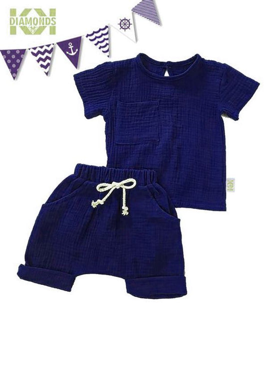 Organic Nautical Set, Eco-Friendly Double Gauze Muslin Cotton Shorts and Shirt Set