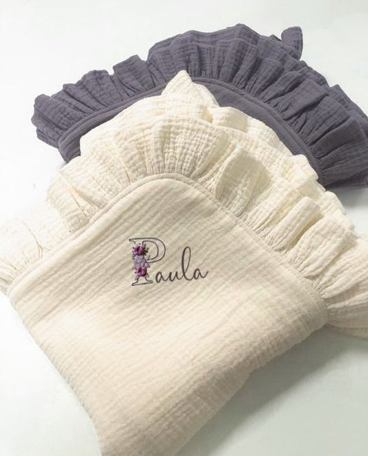 Personalized Hand-Embroidered Newborn Baby Receiving Swaddle Blanket with Ruffles