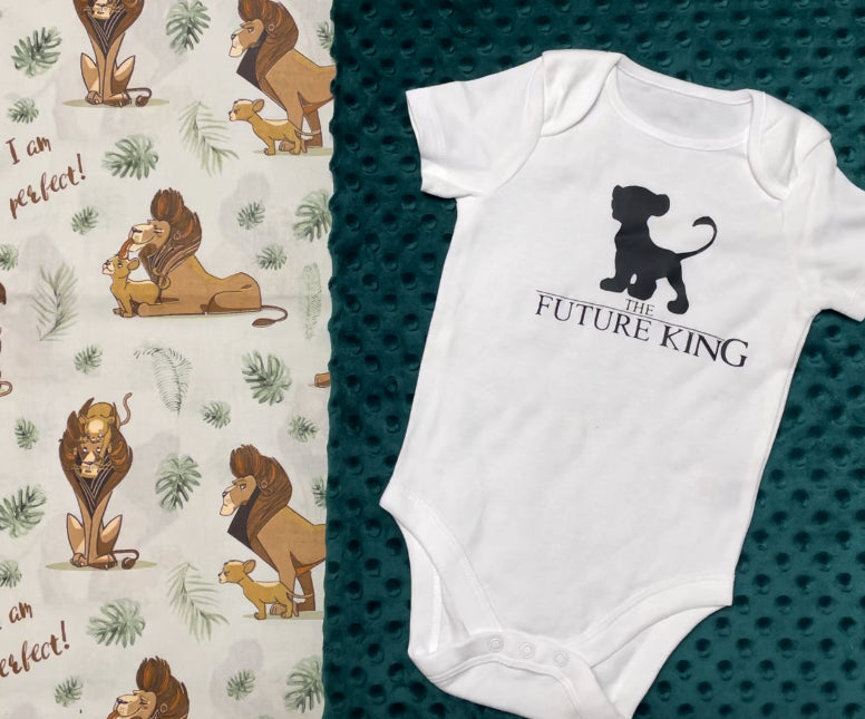 Gift Set Baby Lion the Future King Bodysuit with matching Minky Blanket l Waterprood bed sheets Baby Shower gift set in box