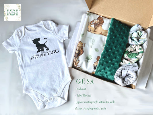 Gift Set Baby Lion the Future King Bodysuit with matching Minky Blanket l Waterprood bed sheets Baby Shower gift set in box