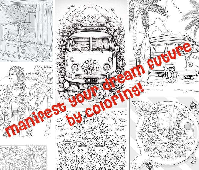 Van life, Travelling, Road trip - Manifest your dream future by coloring. 30 pdf printable coloring pages