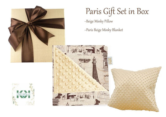 Gift Set Paris Blanket with matching pillow, Baby I Child I Toddler I Teen I Adult size Beige or Brown Minky Blanket Throw gift in box